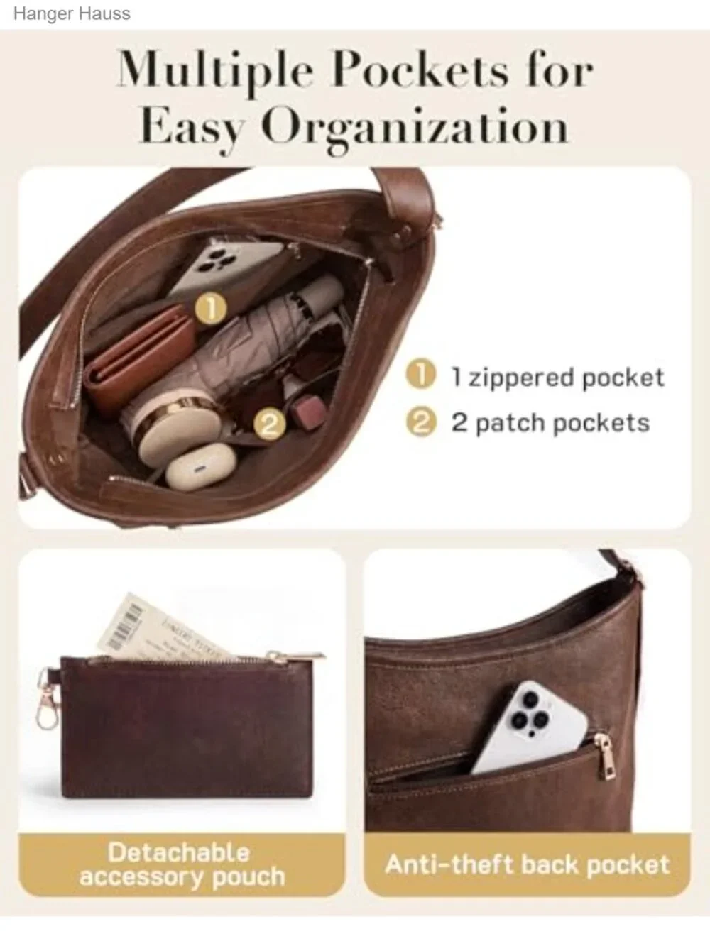 PU Leather Hobo Bag for Women Multi-Pocket Crossbody Shoulder Tote Purse with